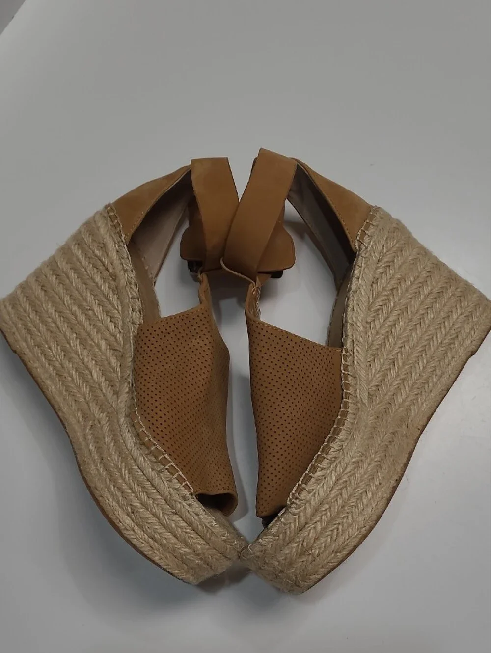 Marc Fisher Tan Leather Perforated Espadrille Platform Wedge Sandals - Size 8.5